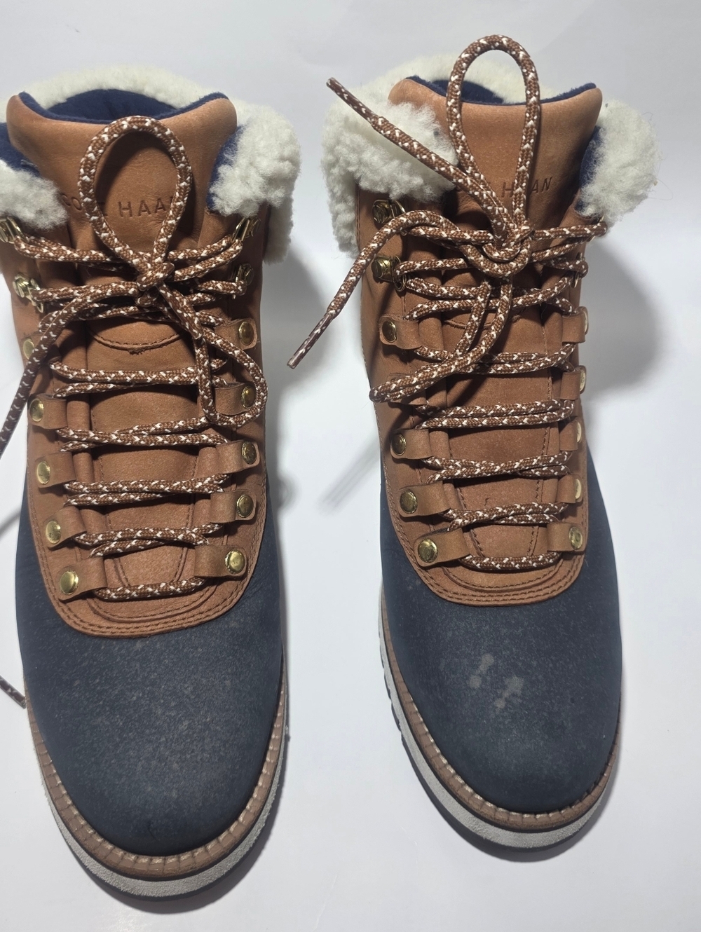 Cole Haan Waterproof Winter Boots Faux Fur Lace Up Brown Blue Women 7.5